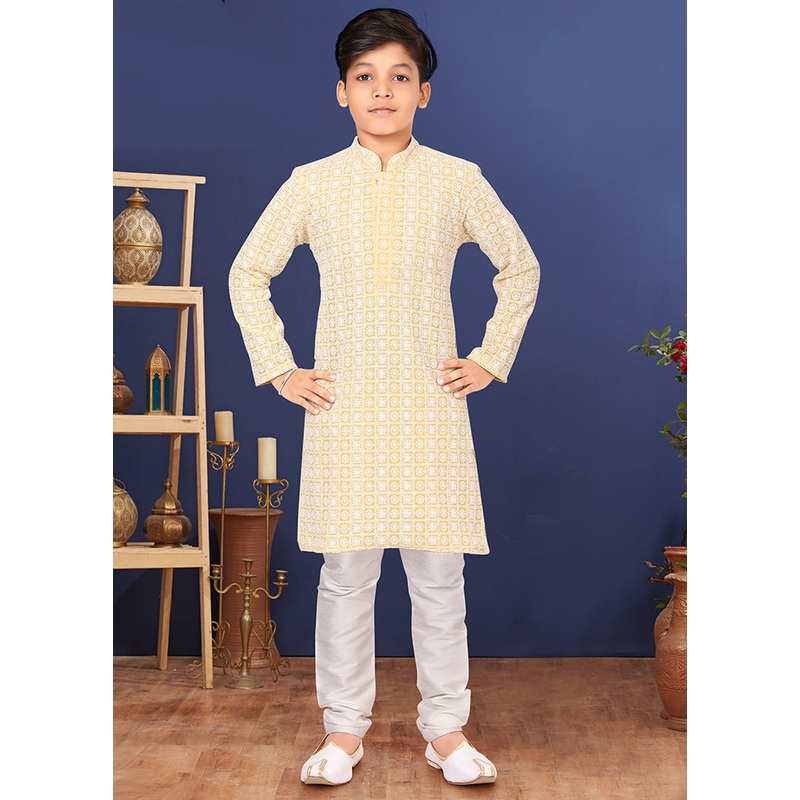 Yellow Embroidered Kurta Pajama Set - JD986582324