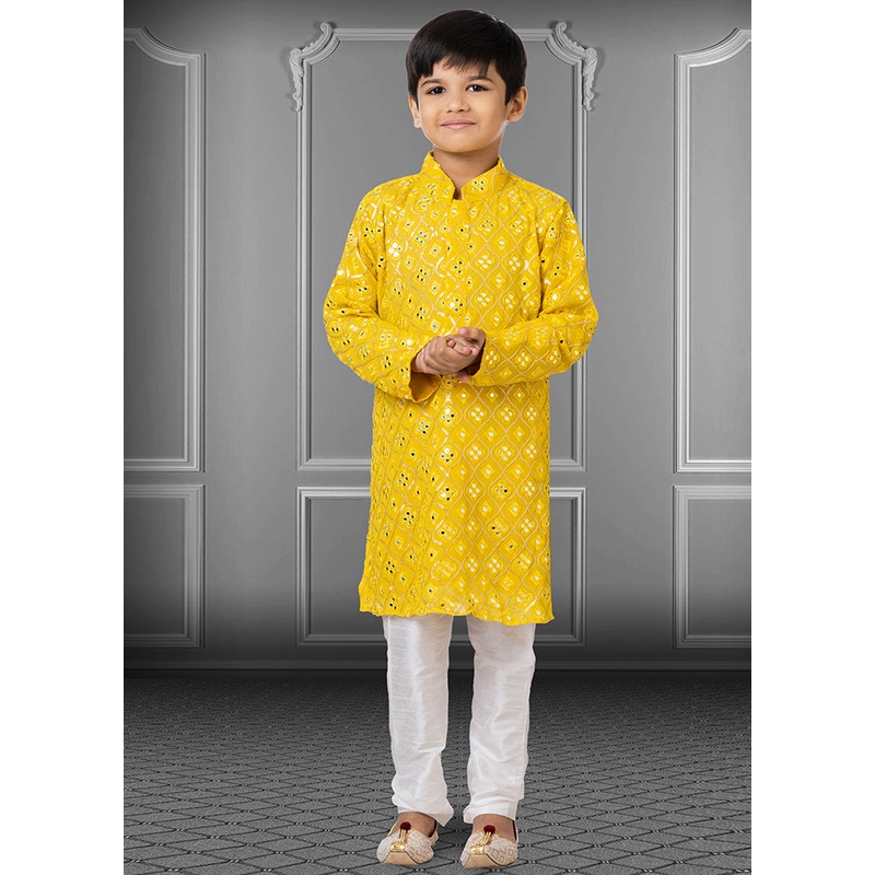 Yellow Georgette Kurta Pajama Set For Boys - JD986582325