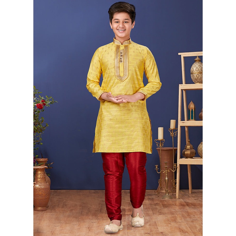 Yellow Jacquard Silk Kurta Pajama Set - JD986582326