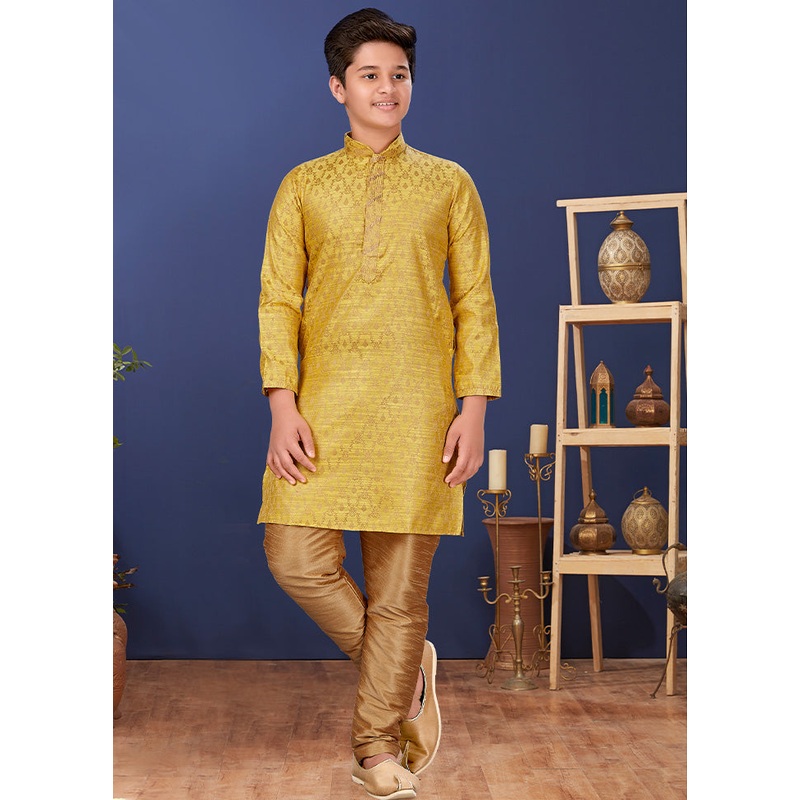 Yellow Jacquard Silk Kurta Pajama Set - JD986582327