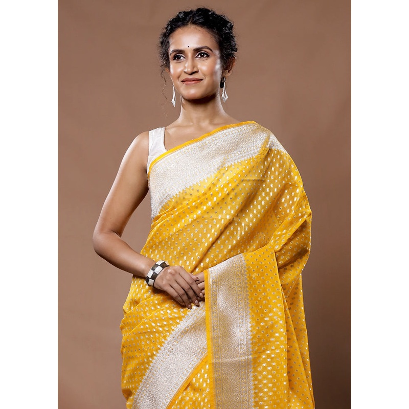 Yellow Kora Silk Saree With Blouse Piece - JD986582249