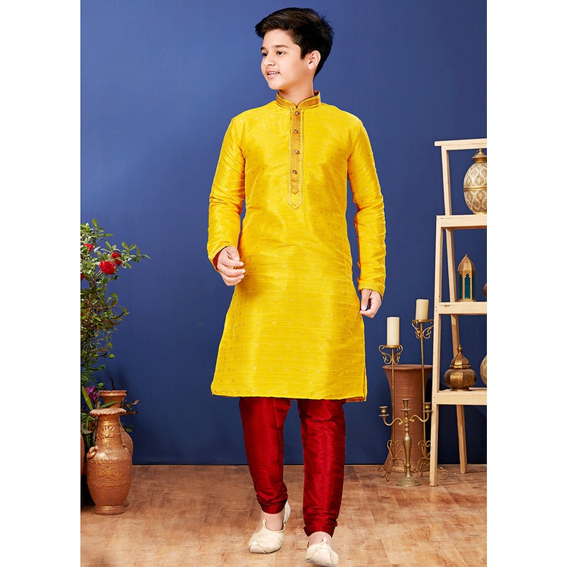 Yellow Zari Woven Kurta Pajama Set - JD986582328