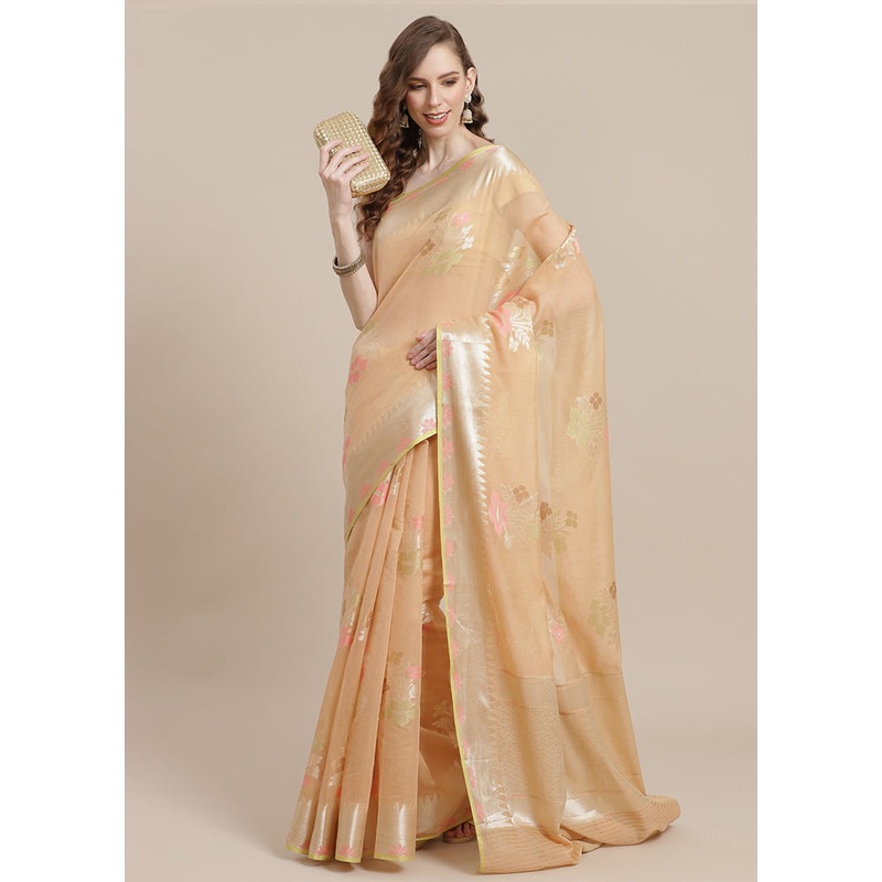 Beige Cotton Zari Saree Without Blouse Piece - JD986582052