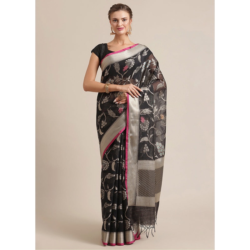 Black Cotton Zari Saree Without Blouse Piece - JD986582166
