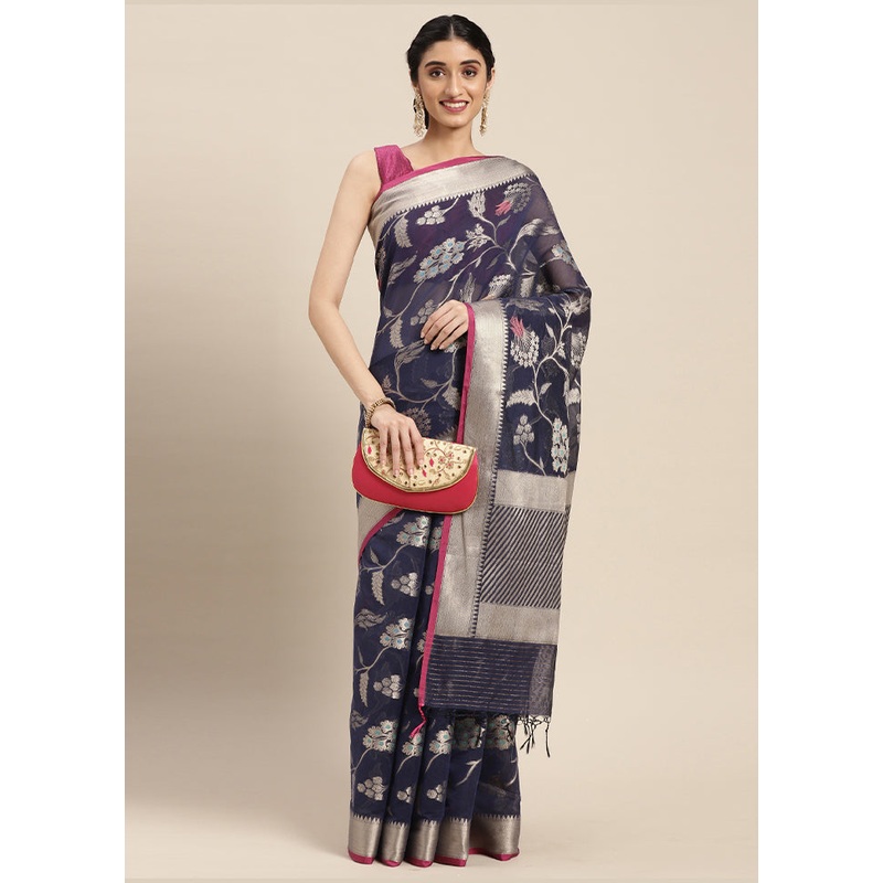 Blue Cotton Zari Saree Without Blouse Piece - JD986581990
