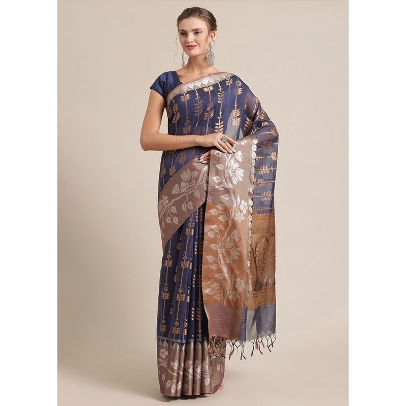 Blue Cotton Zari Saree Without Blouse Piece - JD986582049