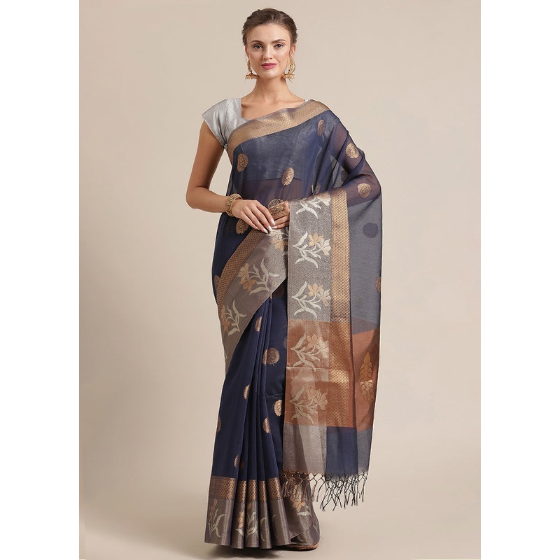 Blue Cotton Zari Saree Without Blouse Piece - JD986582050