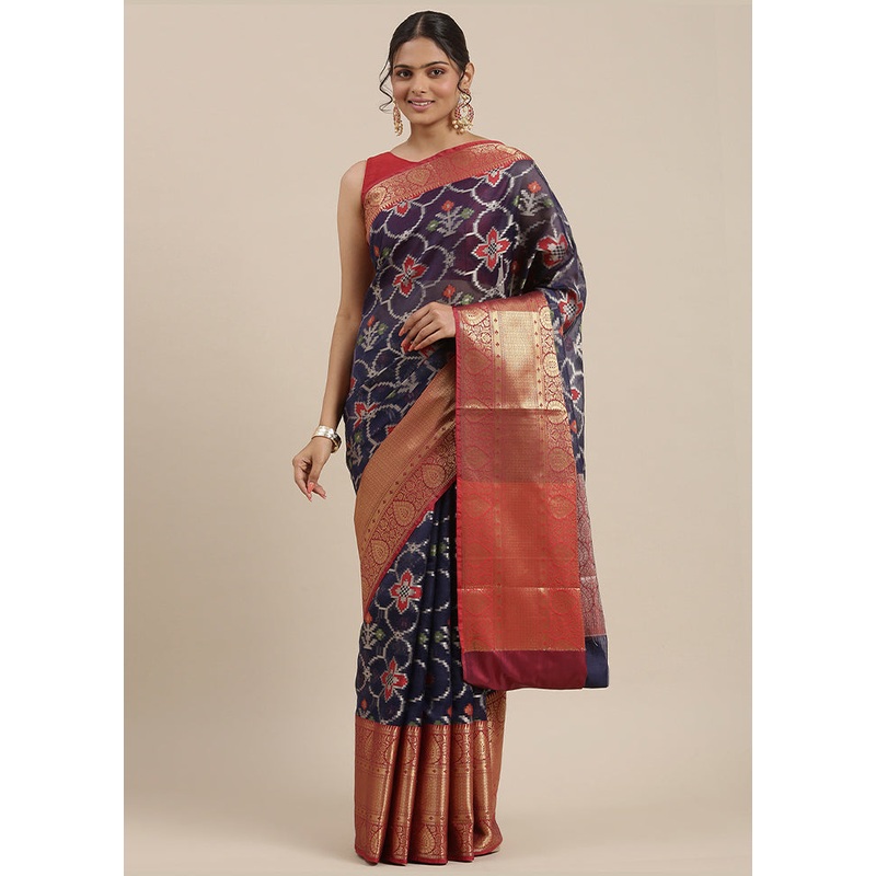 Blue Kanchipuram Silk Zari Saree Without Blouse Piece - JD986581978