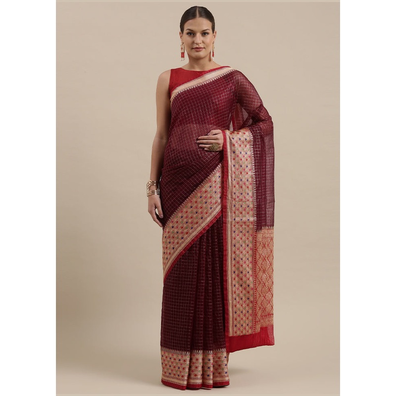 Brown Organza Zari Saree Without Blouse Piece - JD986581974