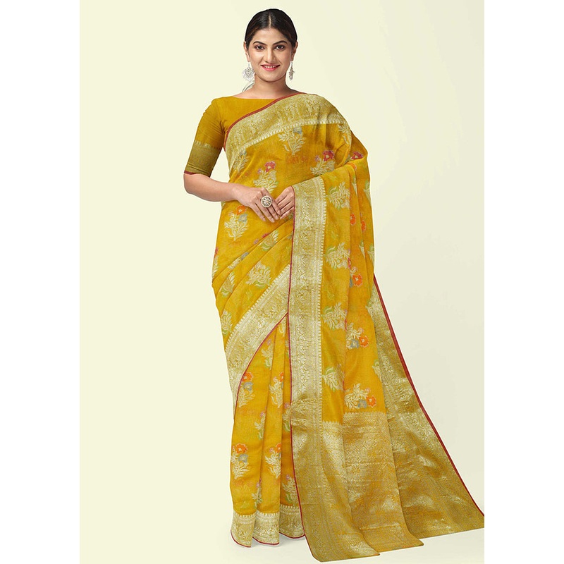 Gold Silk Zari Saree Without Blouse Piece - JD986582164
