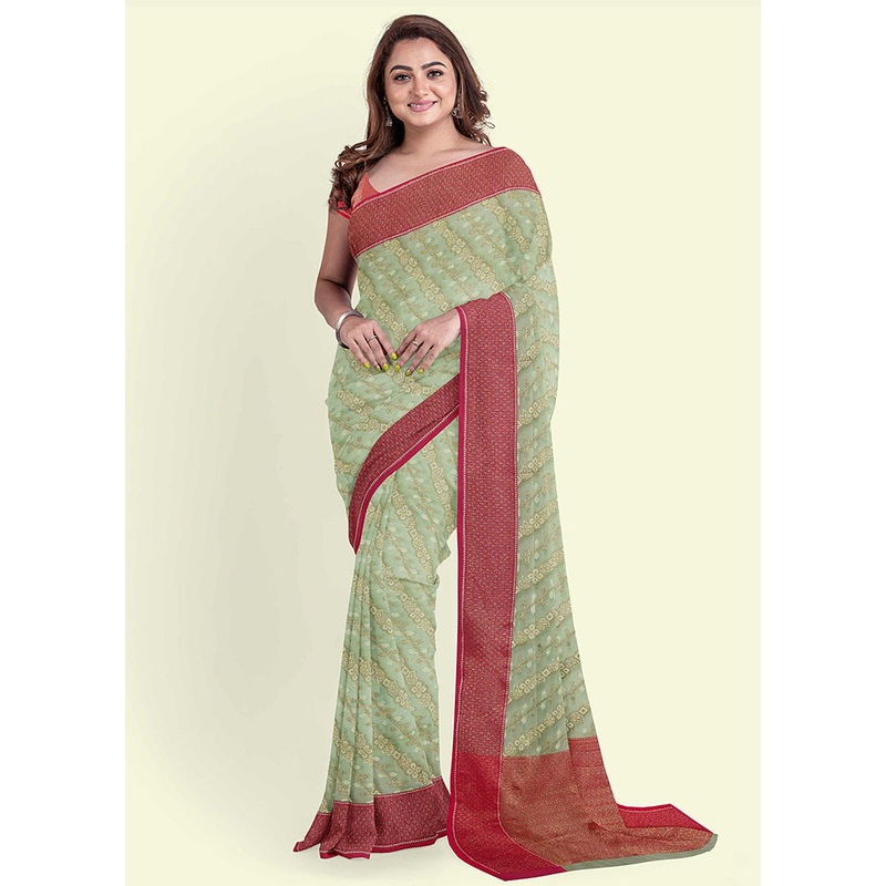 Green Cotton Saree With Blouse Piece - JD986582156