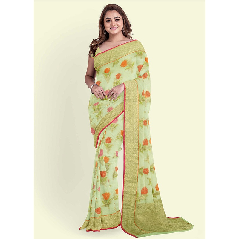 Green Cotton Saree With Blouse Piece - JD986582157