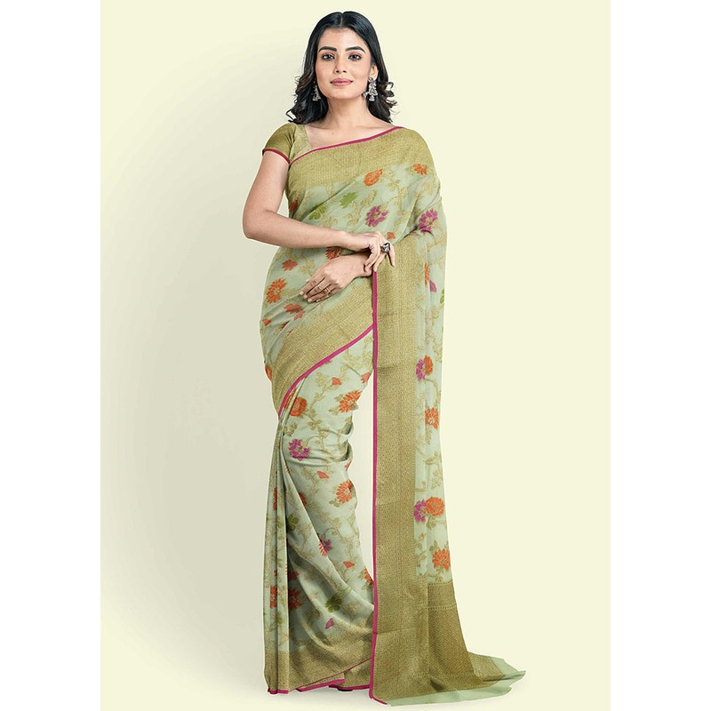 Green Cotton Saree With Blouse Piece - JD986582158