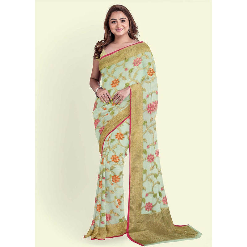 Green Cotton Saree With Blouse Piece - JD986582159