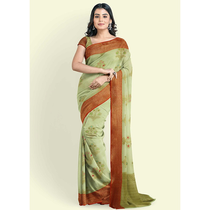 Green Cotton Saree With Blouse Piece - JD986582160