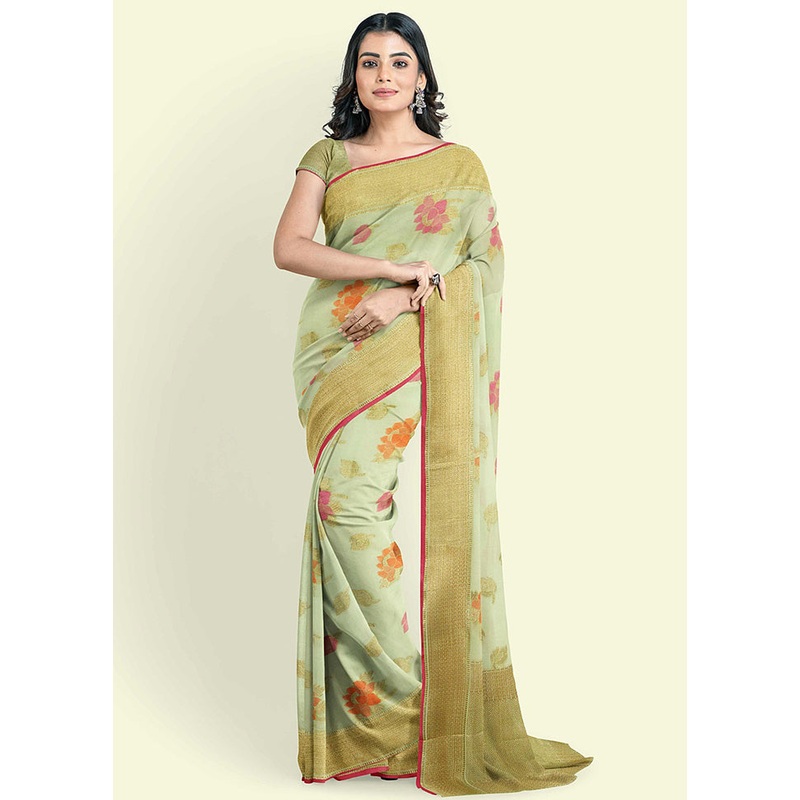 Green Cotton Saree With Blouse Piece - JD986582161