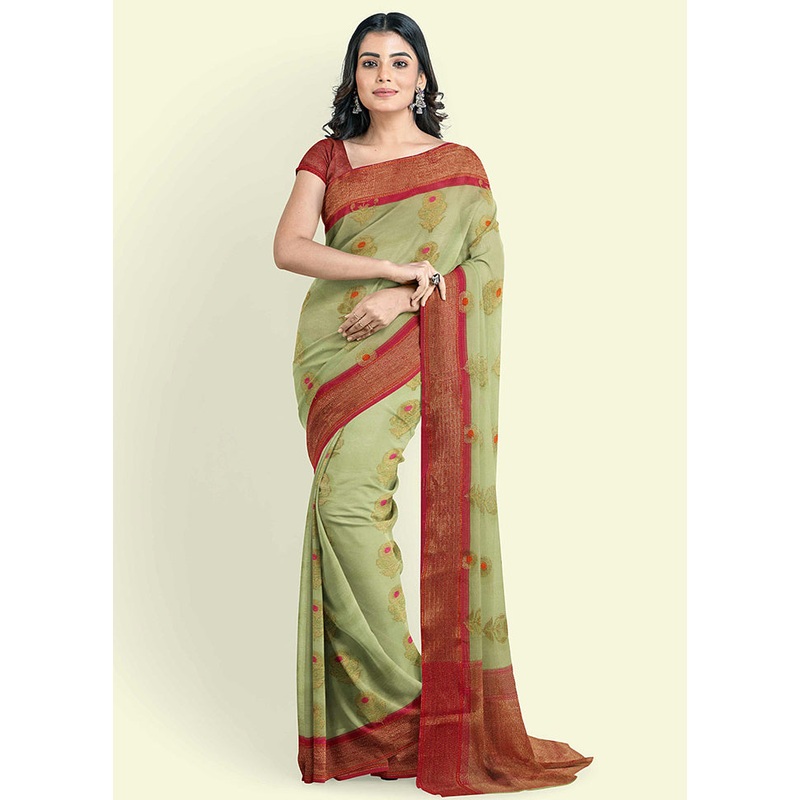 Green Cotton Saree With Blouse Piece - JD986582162