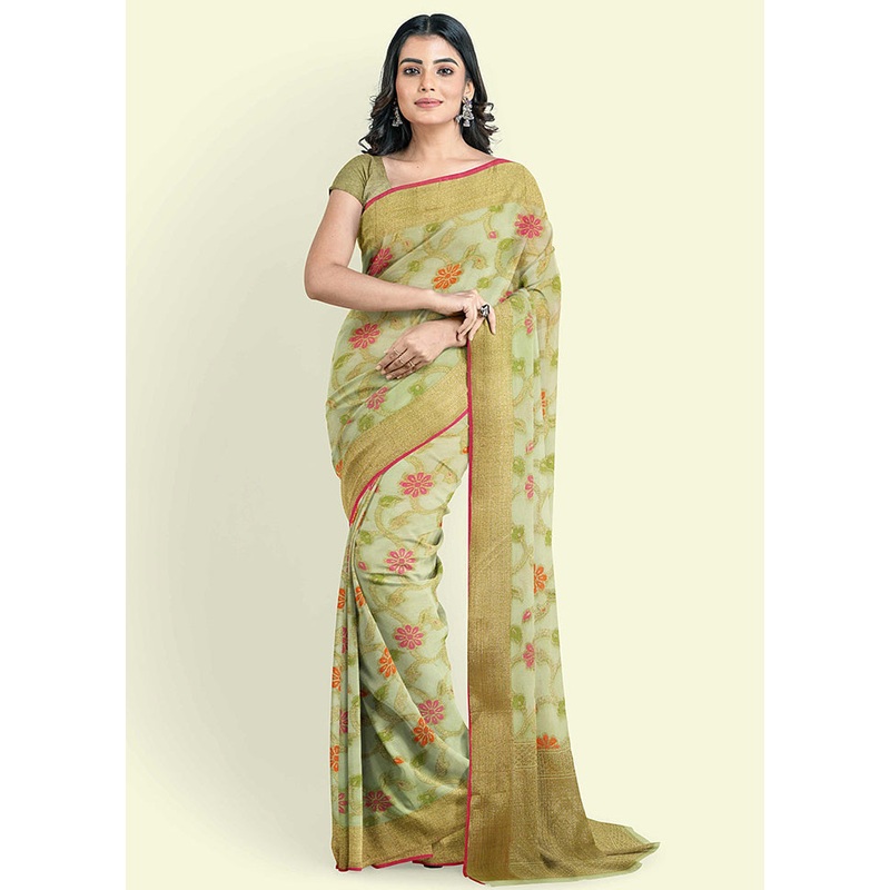Green Cotton Saree With Blouse Piece - JD986582163