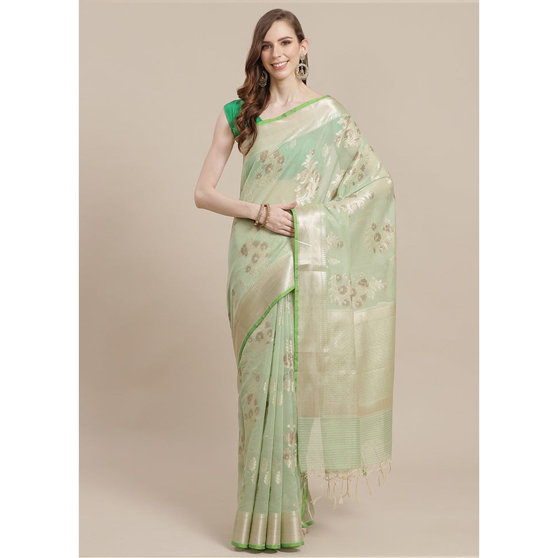 Green Cotton Zari Saree Without Blouse Piece - JD986582041