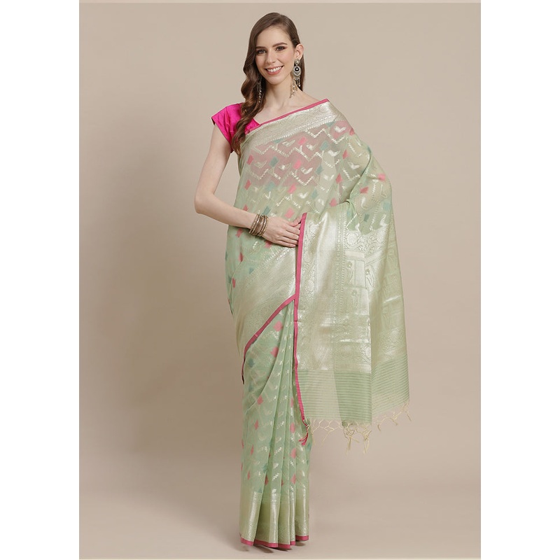 Green Cotton Zari Saree Without Blouse Piece - JD986582042