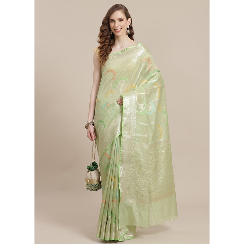 Green Cotton Zari Saree Without Blouse Piece - JD986582154
