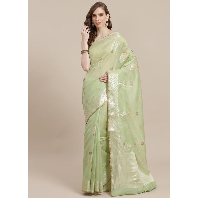 Green Cotton Zari Saree Without Blouse Piece - JD986582155