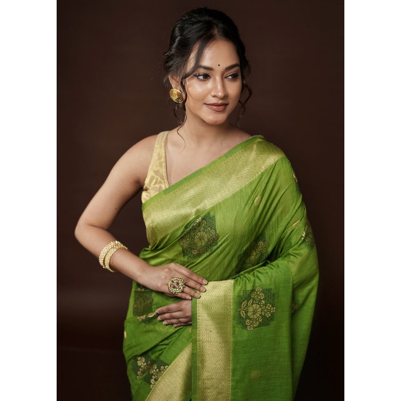 Green Dupion Silk Saree With Blouse Piece - JD986582067