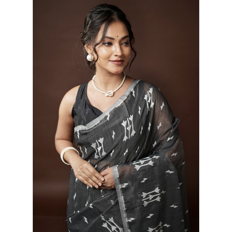 Grey Cotton Saree With Blouse Piece - JD986582065