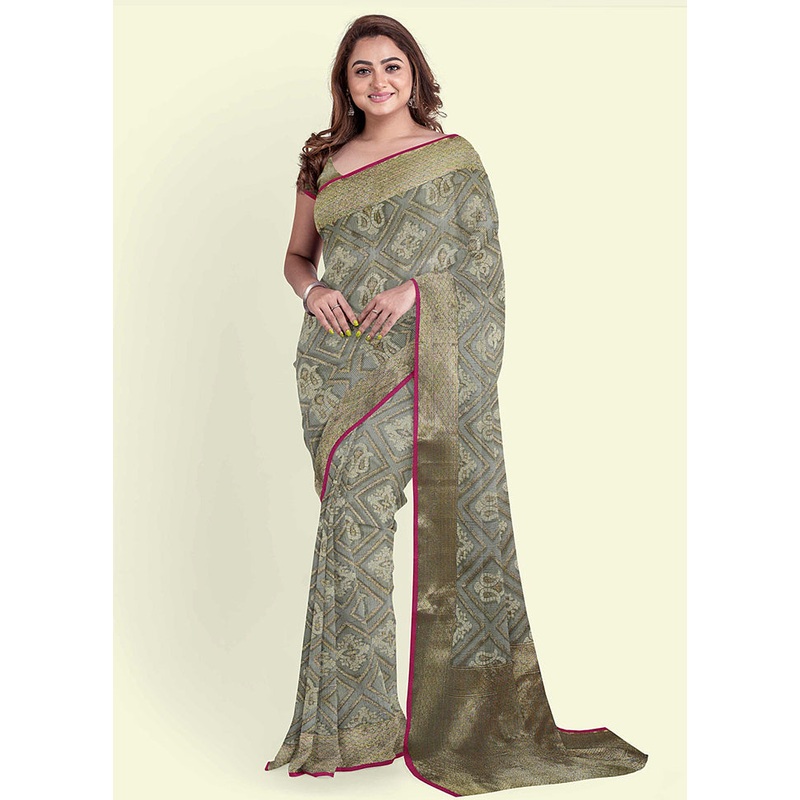 Grey Cotton Saree With Blouse Piece - JD986582139