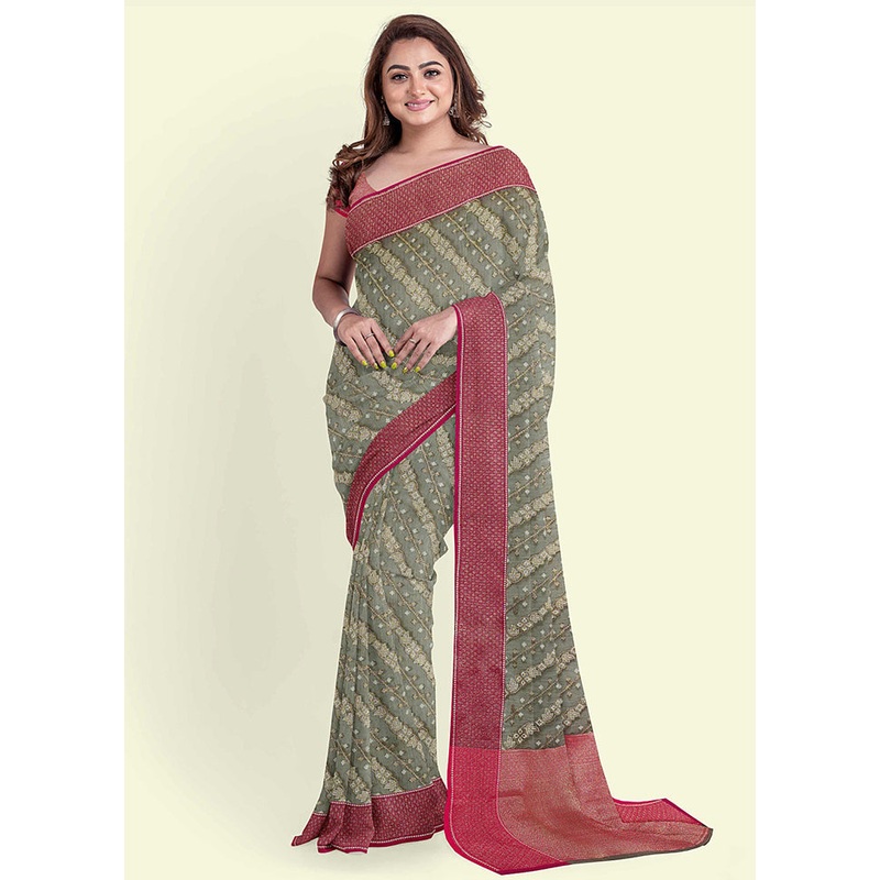 Grey Cotton Saree With Blouse Piece - JD986582140
