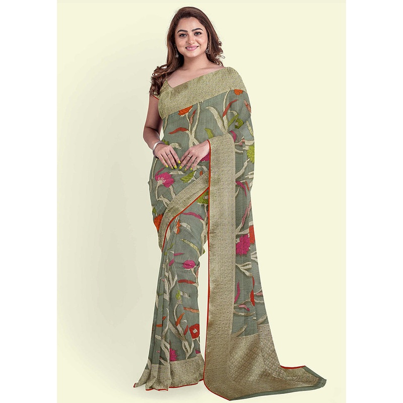 Grey Cotton Saree With Blouse Piece - JD986582141