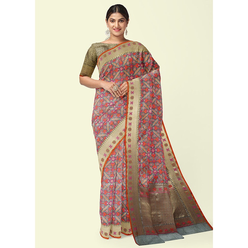 Grey Cotton Saree With Blouse Piece - JD986582142