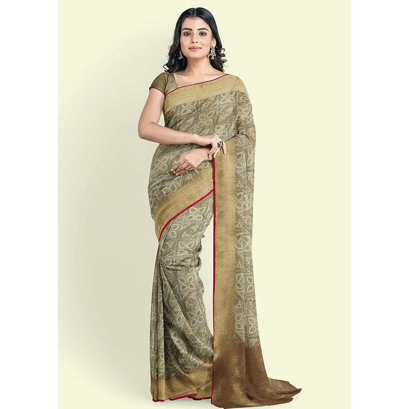 Grey Cotton Saree With Blouse Piece - JD986582143