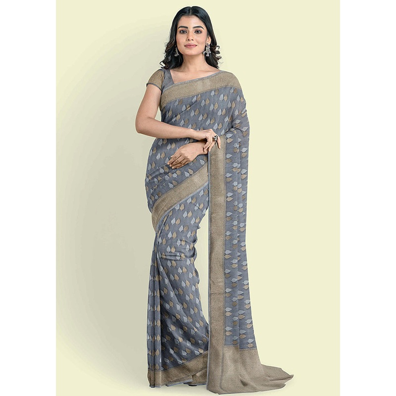 Grey Cotton Saree With Blouse Piece - JD986582144