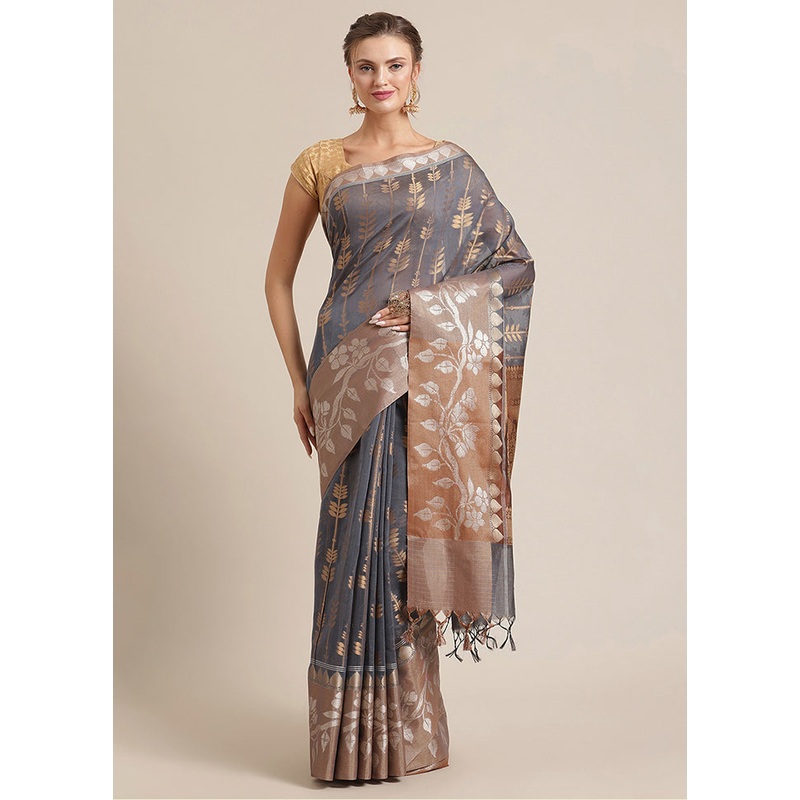 Grey Cotton Zari Saree Without Blouse Piece - JD986582029
