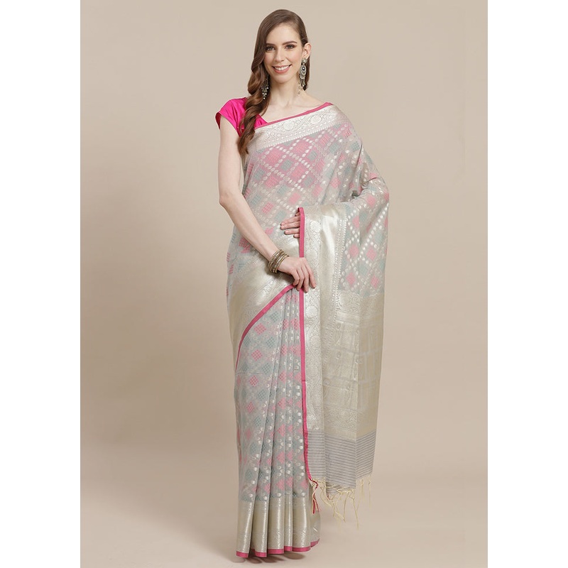 Grey Cotton Zari Saree Without Blouse Piece - JD986582030