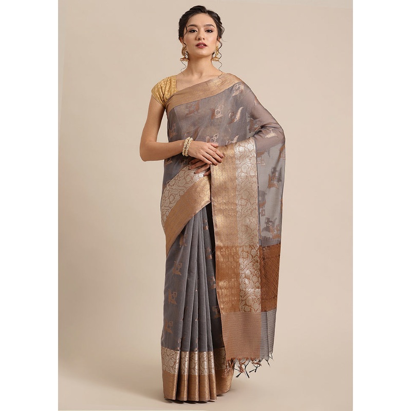 Grey Cotton Zari Saree Without Blouse Piece - JD986582031