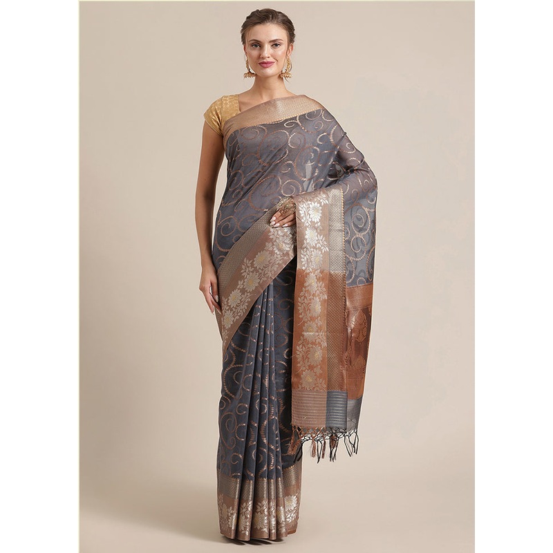 Grey Cotton Zari Saree Without Blouse Piece - JD986582032