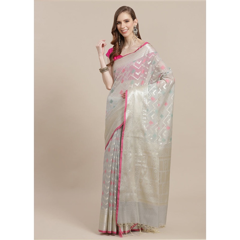 Grey Cotton Zari Saree Without Blouse Piece - JD986582033