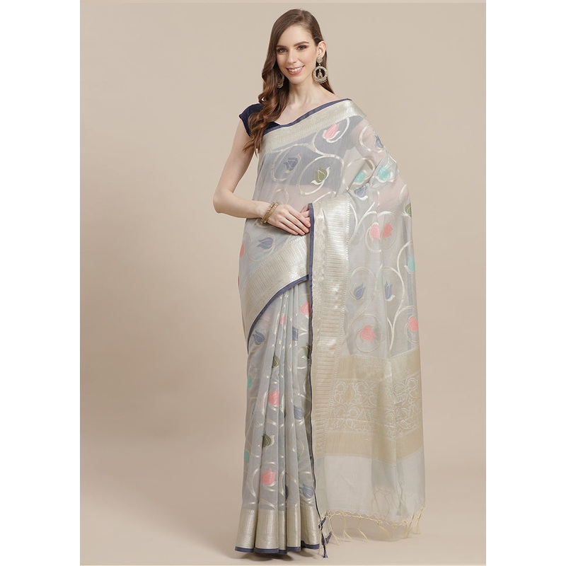 Grey Cotton Zari Saree Without Blouse Piece - JD986582034
