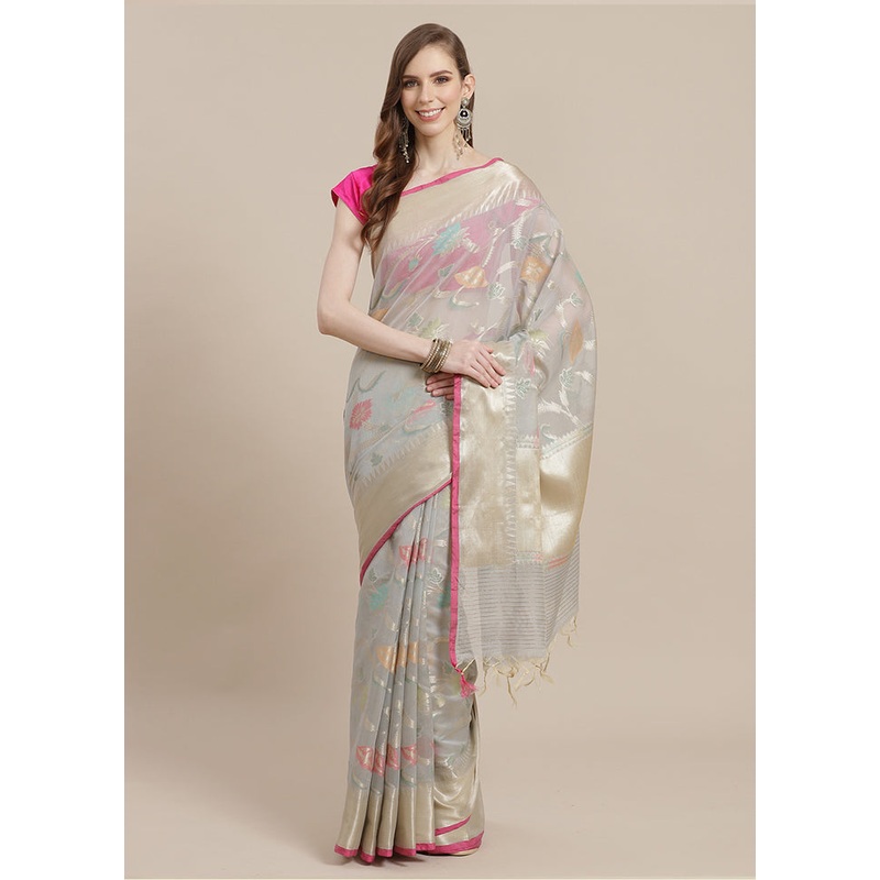 Grey Cotton Zari Saree Without Blouse Piece - JD986582136