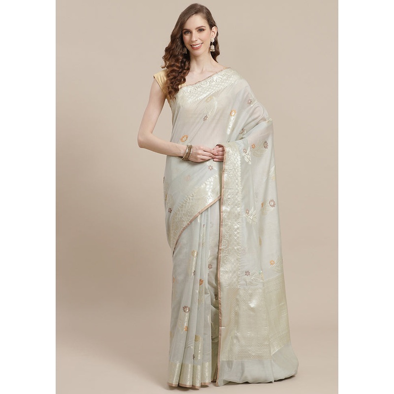 Grey Cotton Zari Saree Without Blouse Piece - JD986582138