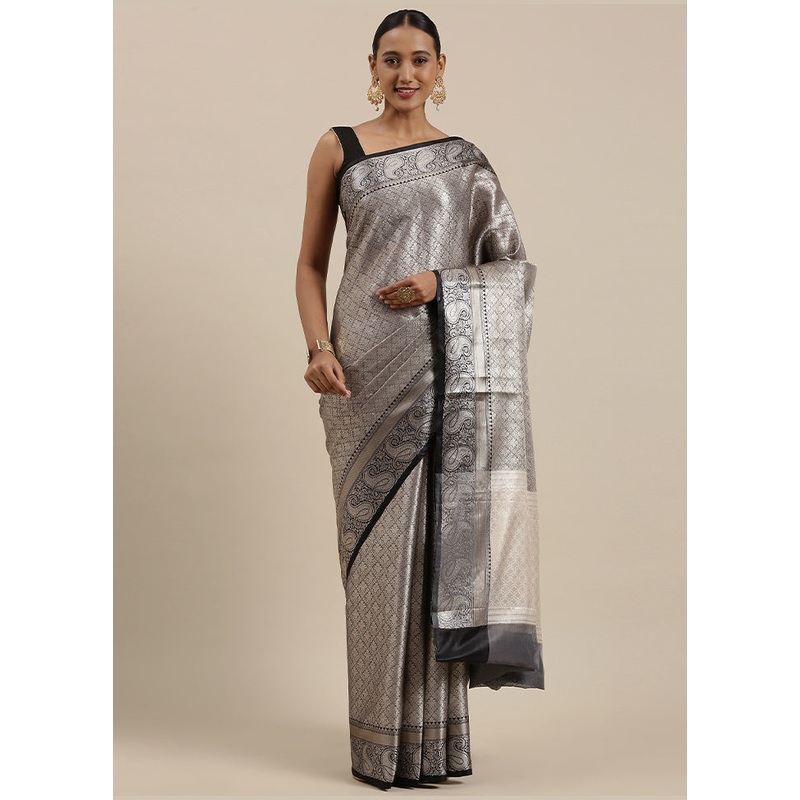 Grey Kanchipuram Silk Saree With Blouse Piece - JD986581995