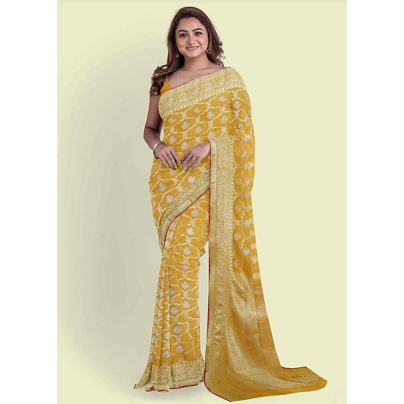 Mustard Silk Zari Saree Without Blouse Piece - JD986582134