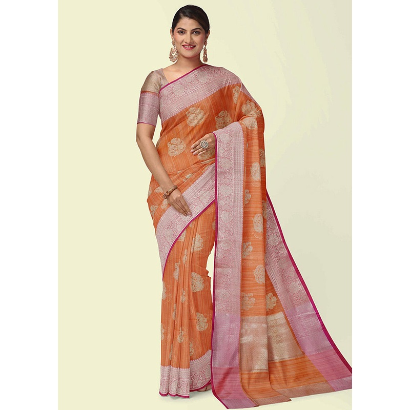 Orange Matka Silk Zari Saree Without Blouse Piece - JD986582017