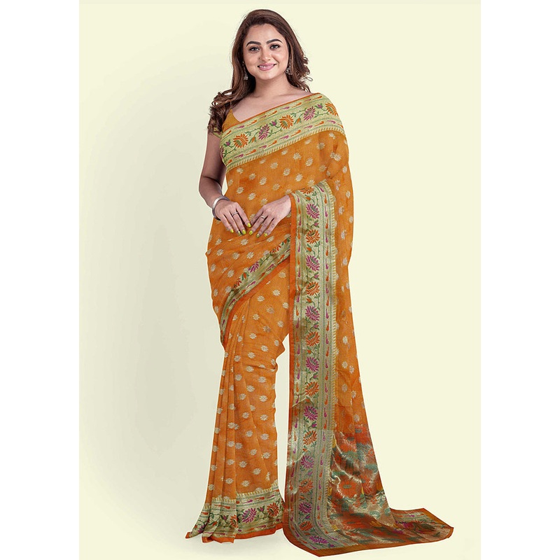 Orange Silk Zari Saree Without Blouse Piece - JD986582129