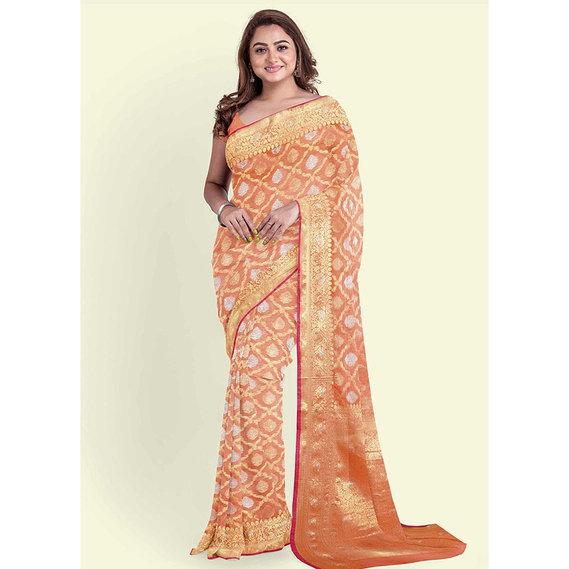 Peach Silk Zari Saree Without Blouse Piece - JD986582115