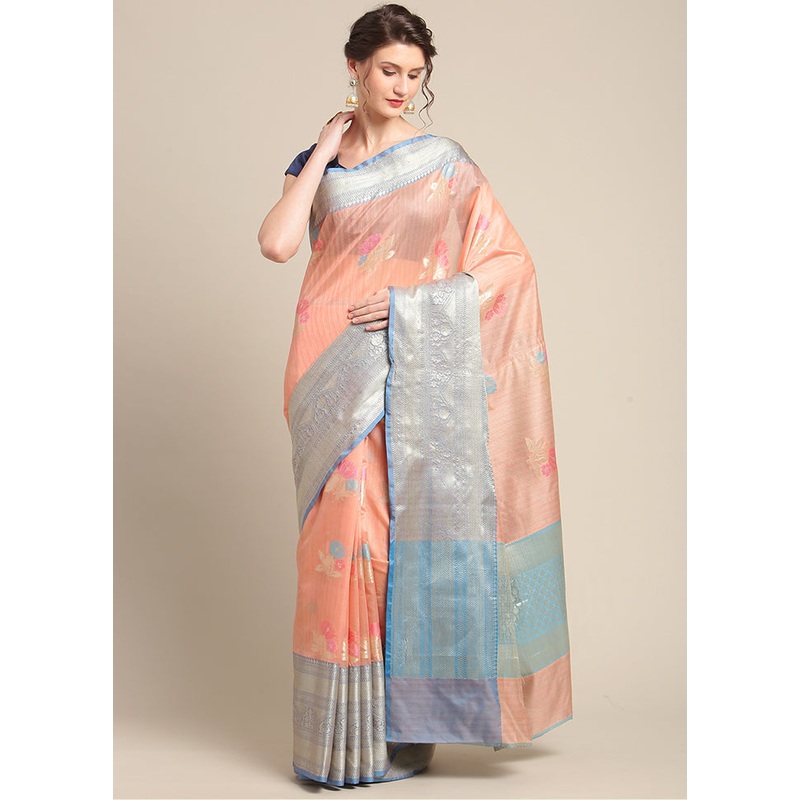 Peach Silk Zari Saree Without Blouse Piece - JD986582116