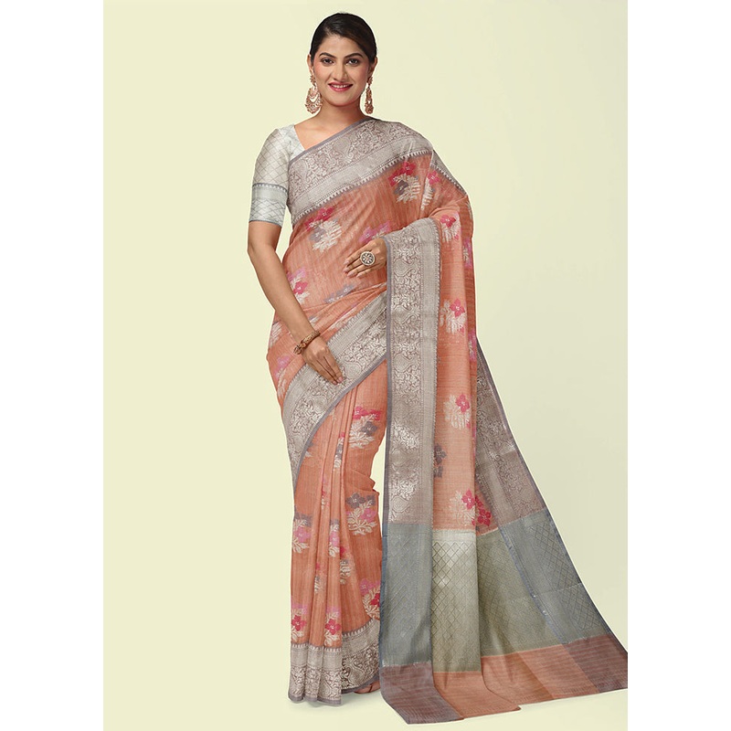 Peach Silk Zari Saree Without Blouse Piece - JD986582118