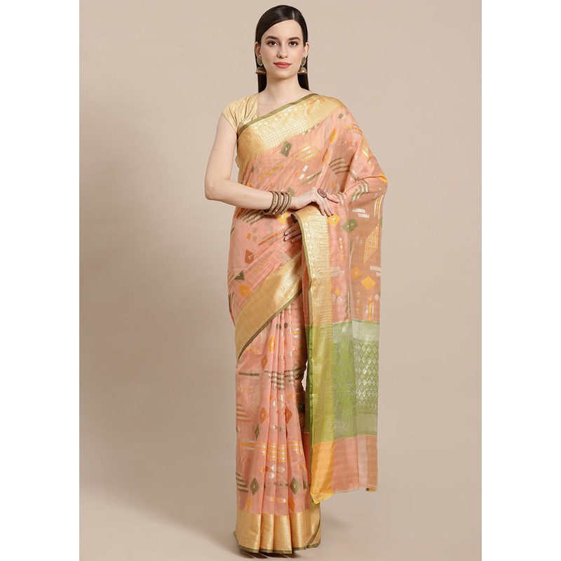 Peach Silk Zari Saree Without Blouse Piece - JD986582120